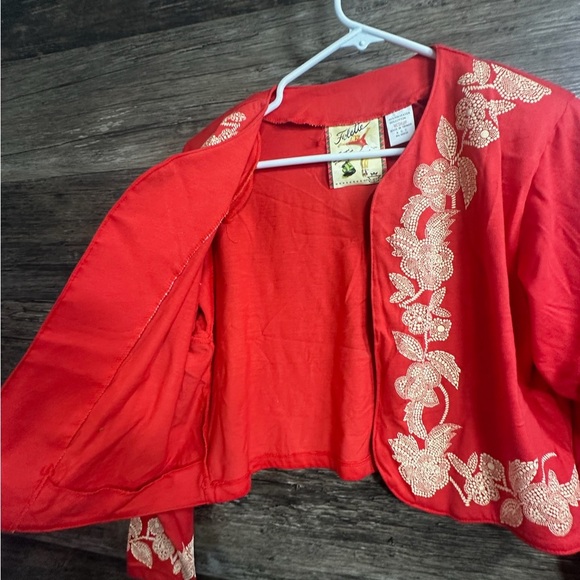 Folette Elegant Red and Gold Cropped Blazer Jacket with Ornate Embellishments - Picture 8 of 8